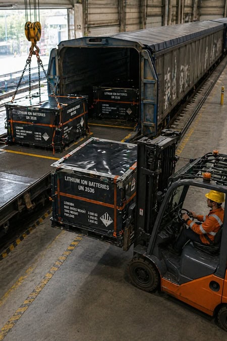 UN 3536 Transport von Lithium-Ionen-Batterien beim Verladen in Güterwaggon