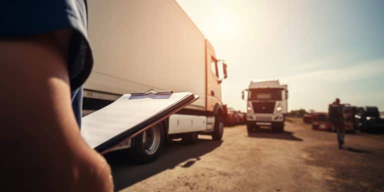 Mann mit Klemmbrett vor LKW