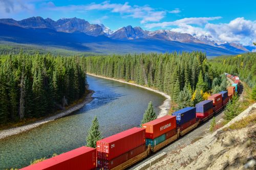 Güterzug fährt durch Wald und Berglandschaft