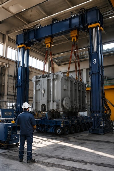 Hydraulisches Portalkransystem hebt schweren Transformator in einer Industriehalle